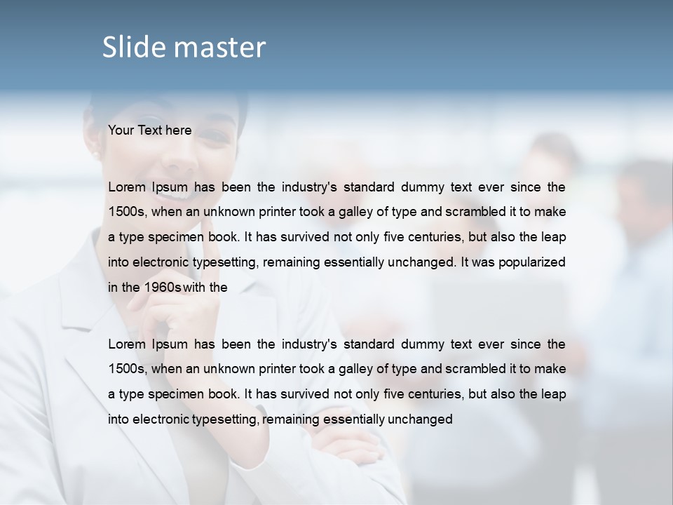 A Woman In A Business Suit Is Pointing To Her Finger PowerPoint Template