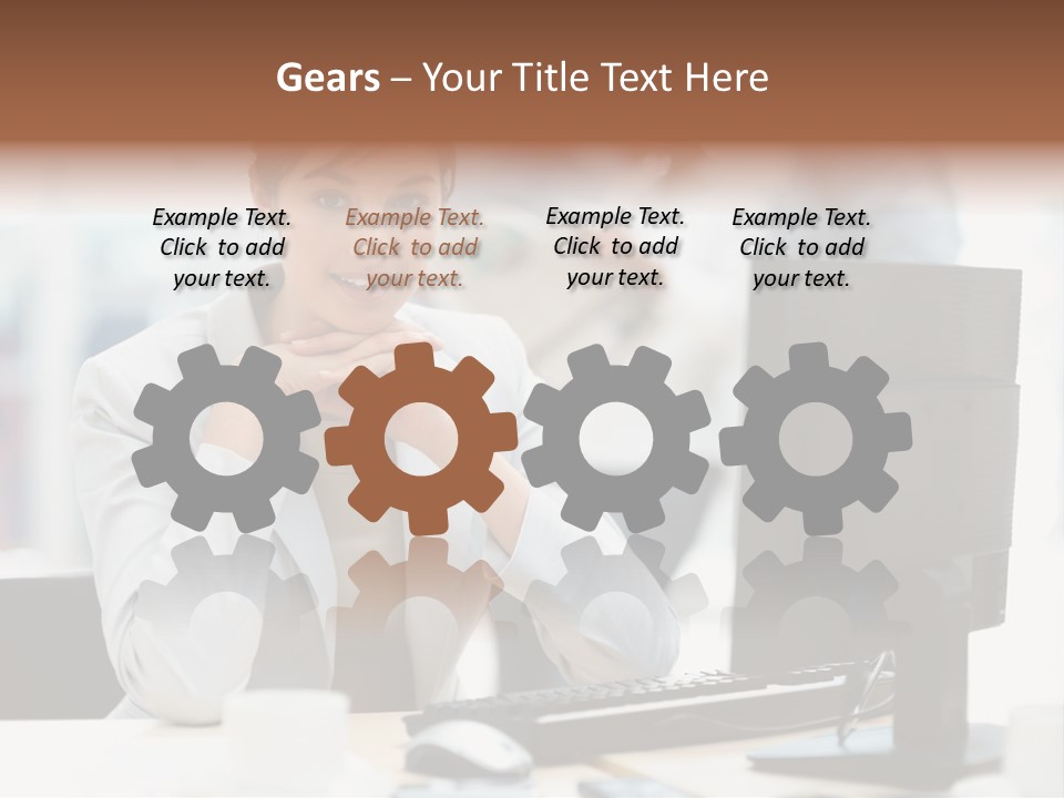 A Woman Sitting At A Desk In Front Of A Computer PowerPoint Template