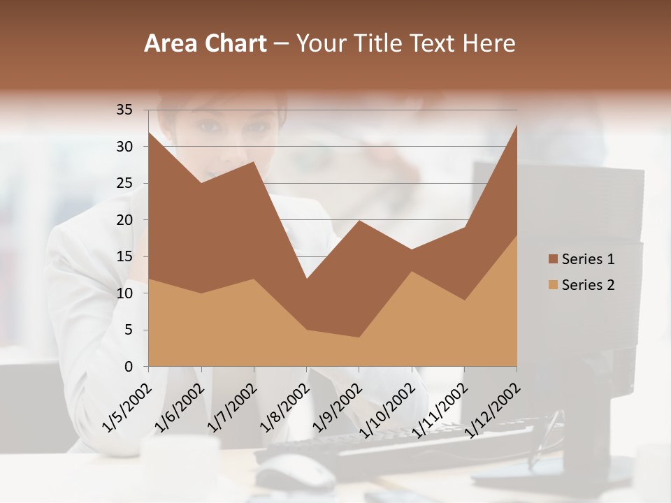A Woman Sitting At A Desk In Front Of A Computer PowerPoint Template