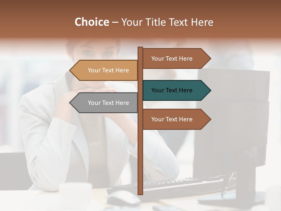 A Woman Sitting At A Desk In Front Of A Computer PowerPoint Template