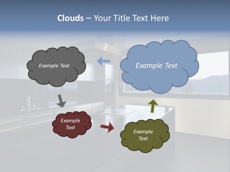 A Modern Kitchen With A Large Window Overlooking The Mountains PowerPoint Template