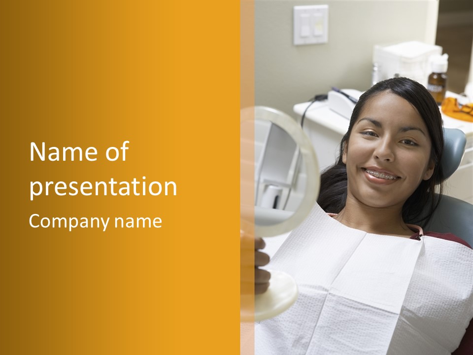 A Woman Sitting In A Dentist Chair Holding A Piece Of Paper PowerPoint Template