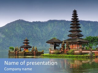A Group Of Pagodas Sitting On Top Of A Lake PowerPoint Template
