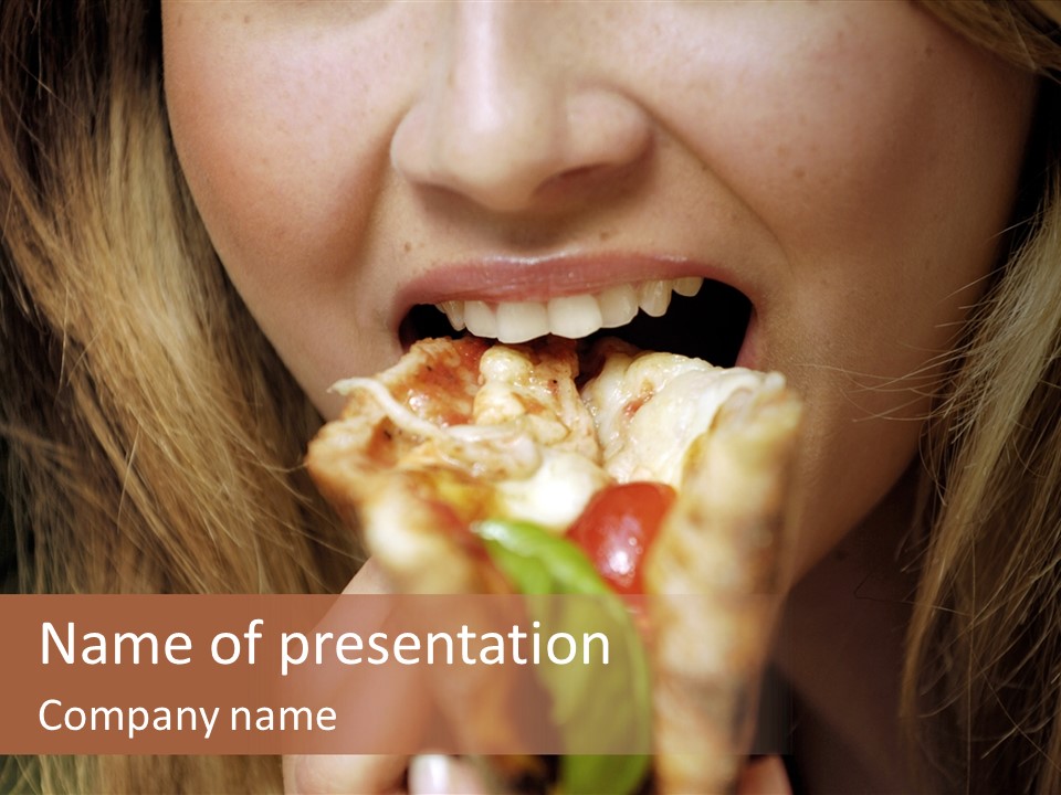 A Woman Eating A Slice Of Pizza With Her Mouth Open PowerPoint Template
