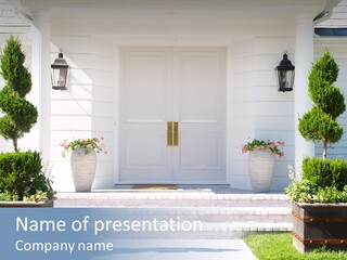 A White House With Potted Plants And A White Door PowerPoint Template