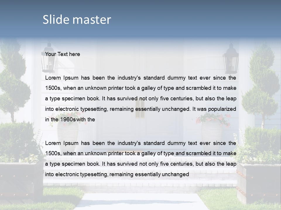 A White House With Potted Plants And A White Door PowerPoint Template