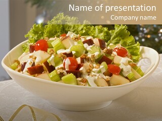 A White Bowl Filled With A Salad On Top Of A Table PowerPoint Template