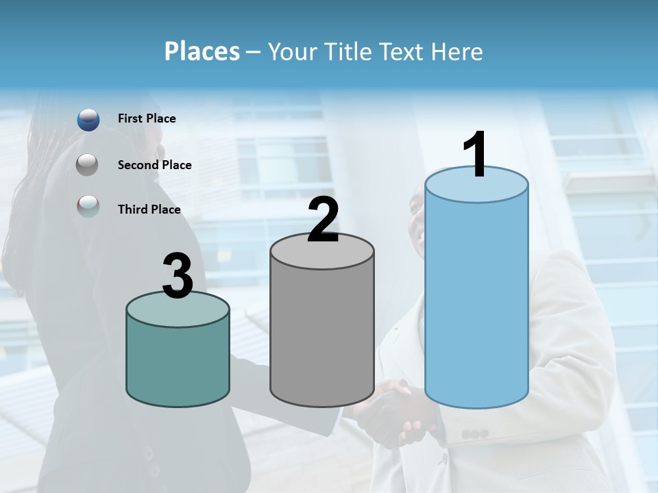 Two Business People Shaking Hands In Front Of A Building PowerPoint Template