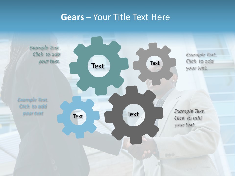 Two Business People Shaking Hands In Front Of A Building PowerPoint Template