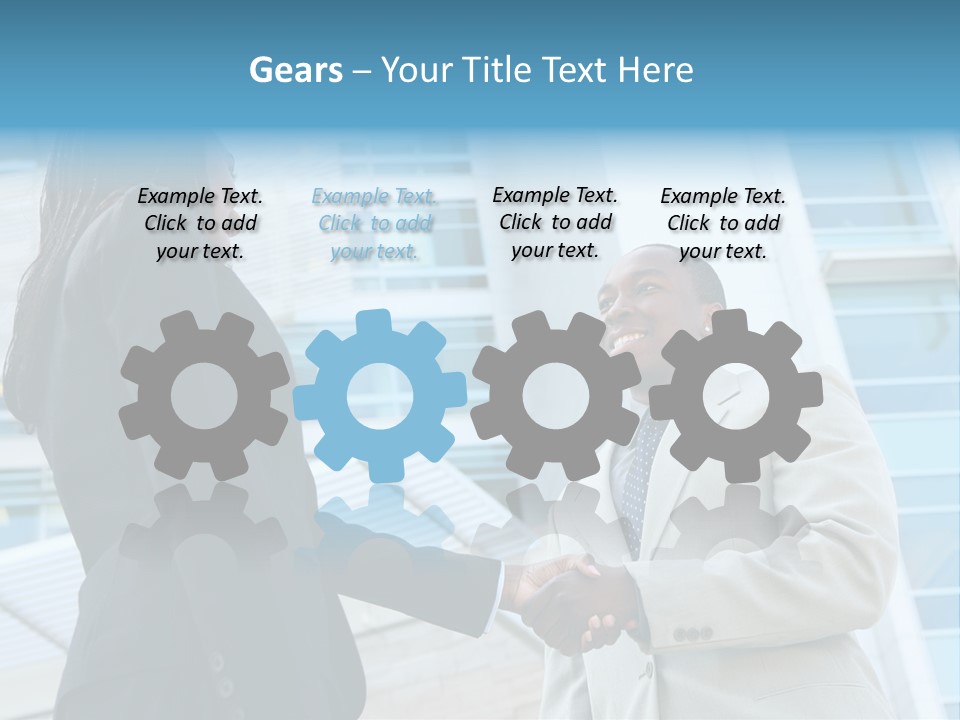 Two Business People Shaking Hands In Front Of A Building PowerPoint Template