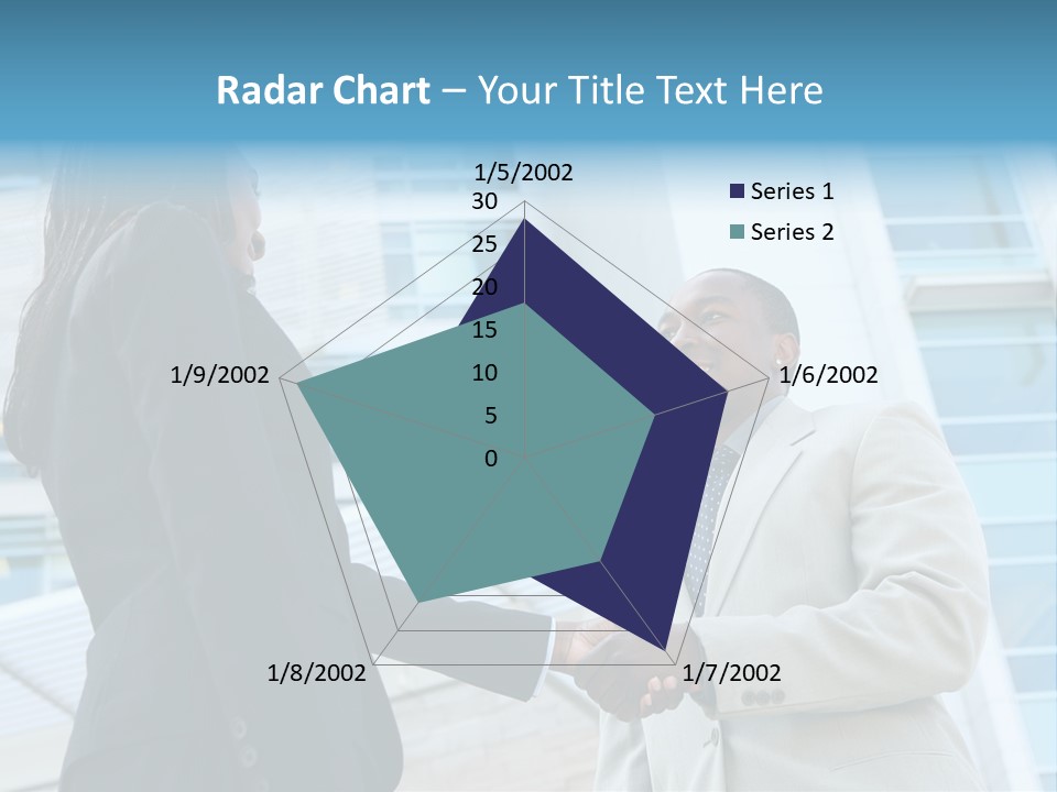 Two Business People Shaking Hands In Front Of A Building PowerPoint Template