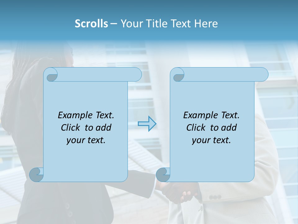 Two Business People Shaking Hands In Front Of A Building PowerPoint Template