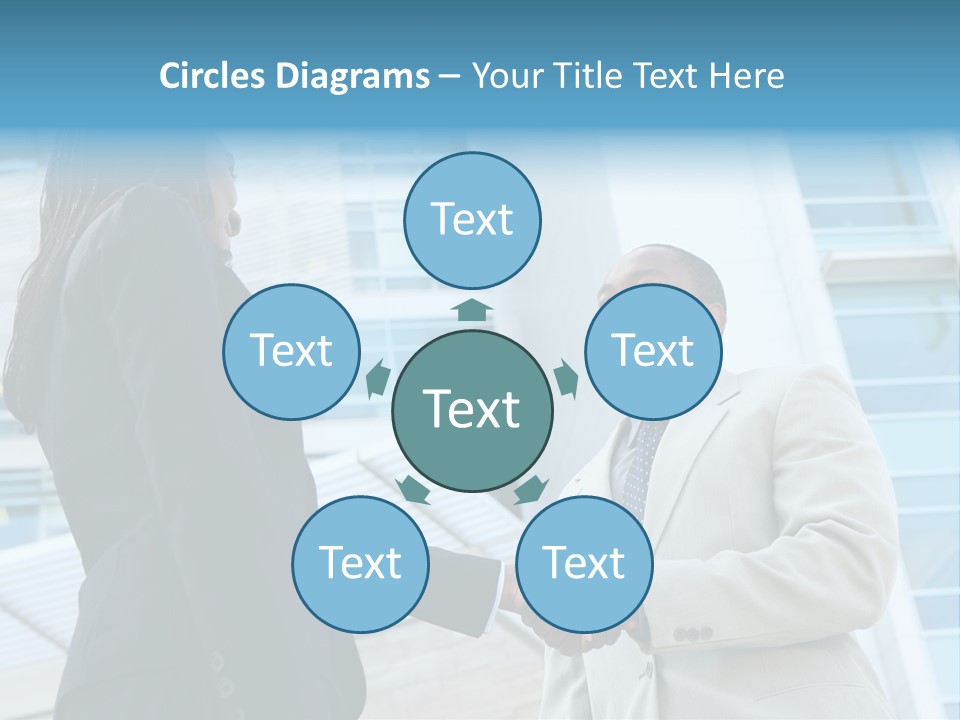 Two Business People Shaking Hands In Front Of A Building PowerPoint Template