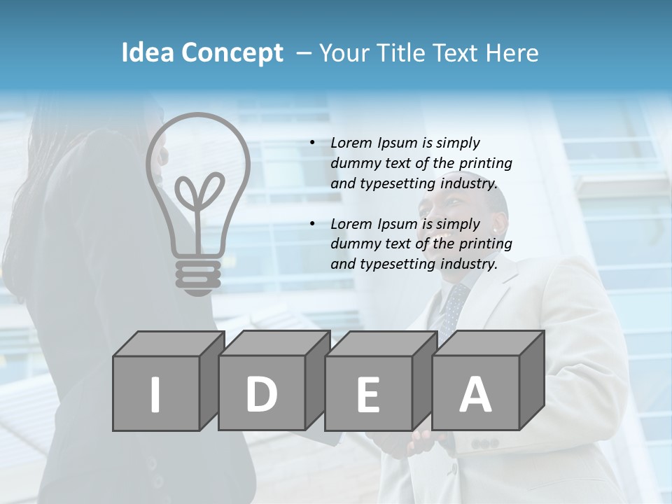 Two Business People Shaking Hands In Front Of A Building PowerPoint Template