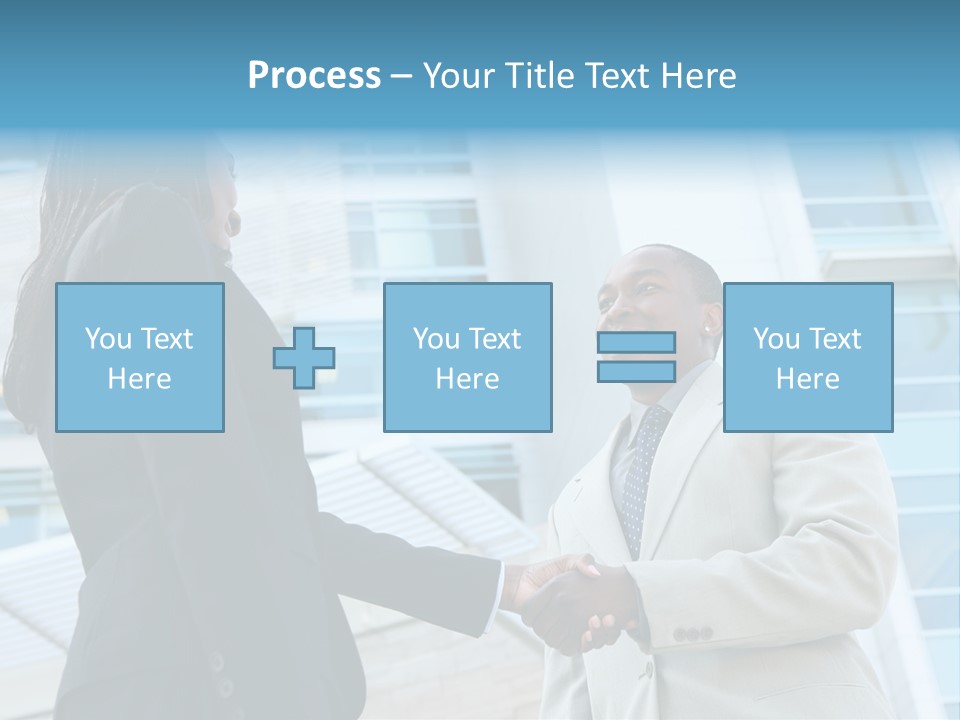 Two Business People Shaking Hands In Front Of A Building PowerPoint Template