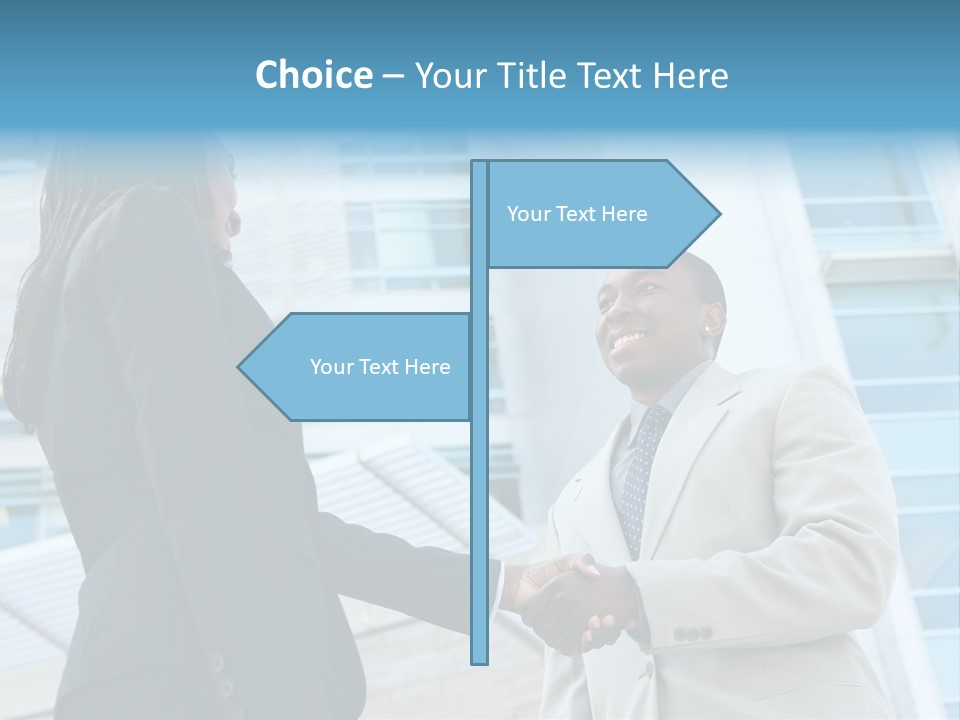 Two Business People Shaking Hands In Front Of A Building PowerPoint Template