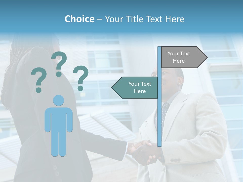 Two Business People Shaking Hands In Front Of A Building PowerPoint Template