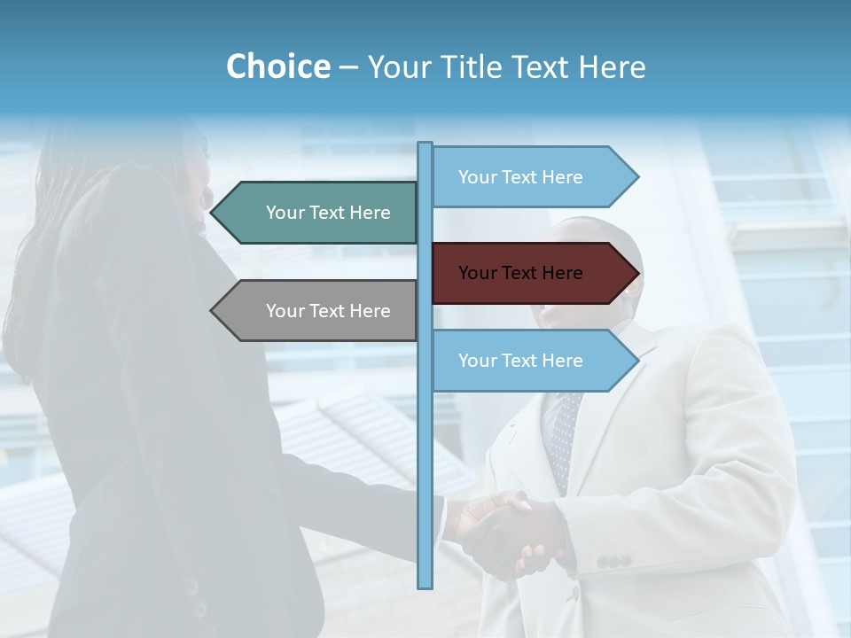 Two Business People Shaking Hands In Front Of A Building PowerPoint Template