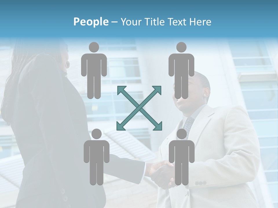 Two Business People Shaking Hands In Front Of A Building PowerPoint Template