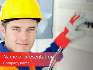 A Man Wearing A Hard Hat And Holding A Clipboard PowerPoint Template