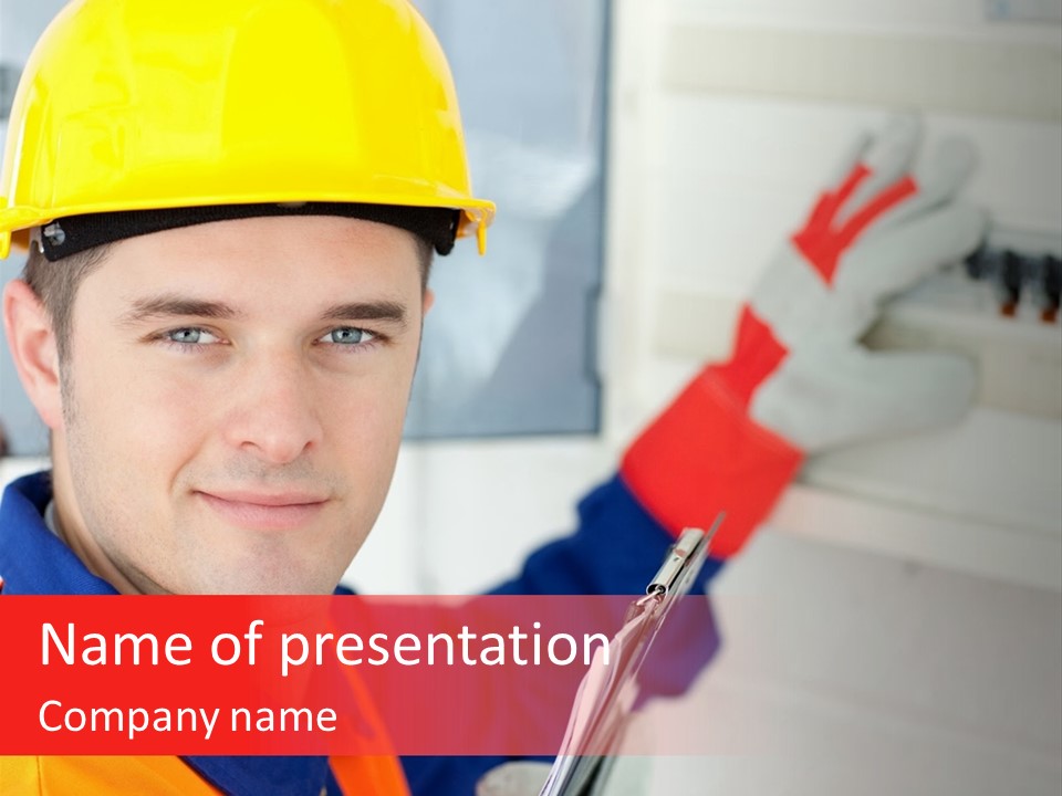 A Man Wearing A Hard Hat And Holding A Clipboard PowerPoint Template