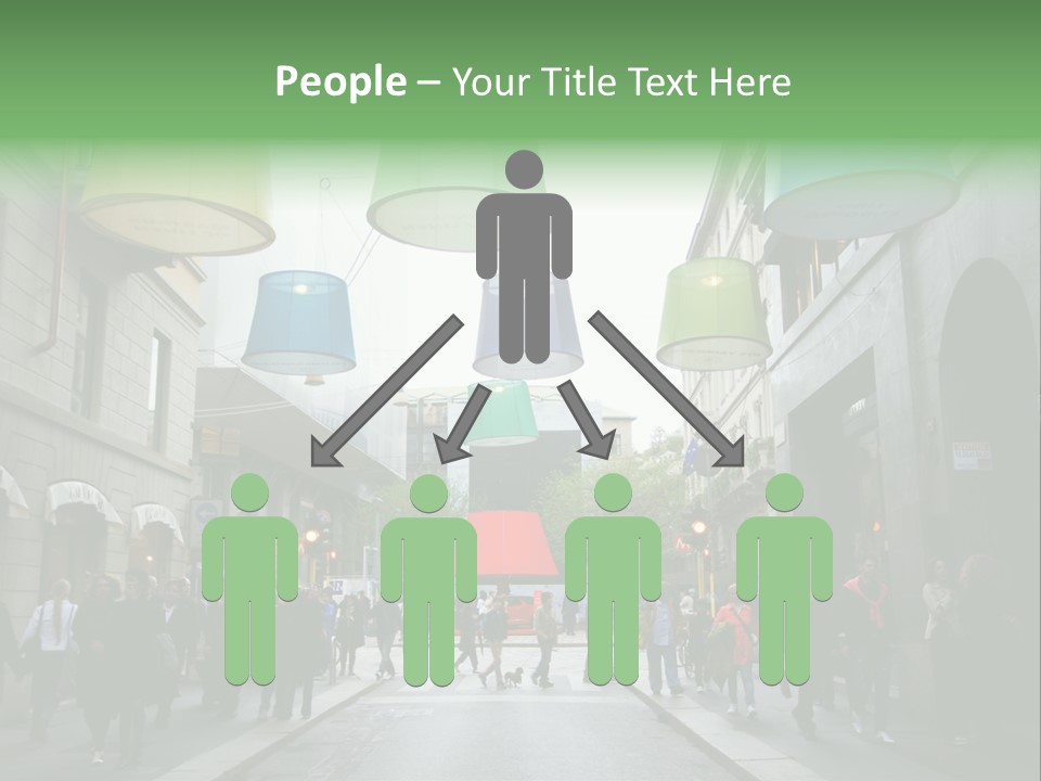 A Group Of People Walking Down A Street Next To Tall Buildings PowerPoint Template