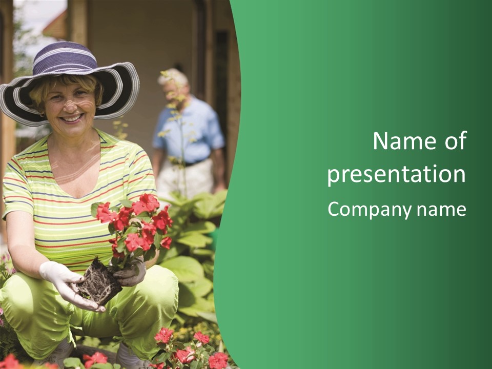 A Woman In A Hat Is Holding A Potted Plant PowerPoint Template