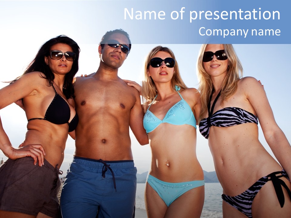 A Group Of People Standing Next To Each Other In Bikinis PowerPoint Template