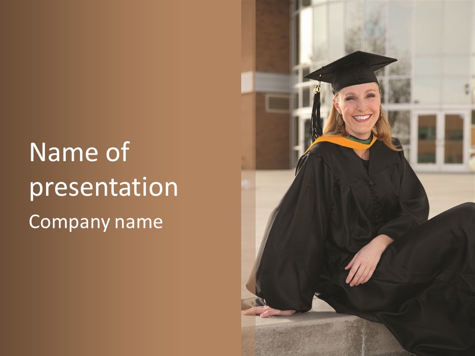 A Woman In A Graduation Cap And Gown Sitting On A Ledge PowerPoint Template