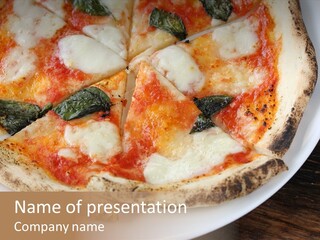 A Pizza On A White Plate On A Wooden Table PowerPoint Template