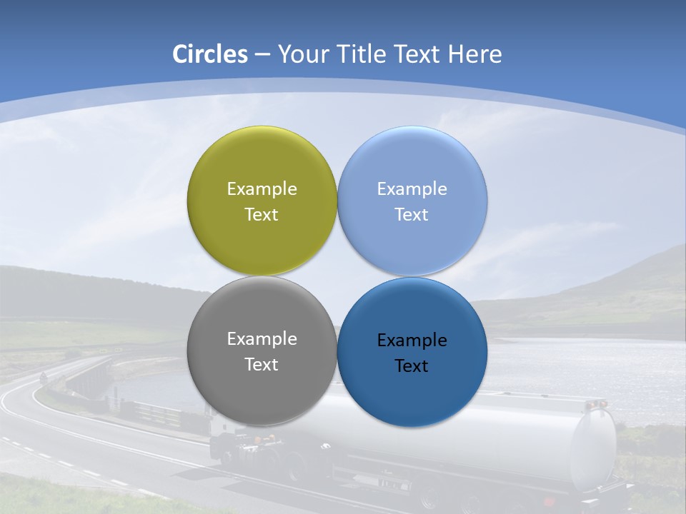 A Tanker Truck Driving Down A Road Next To A Lake PowerPoint Template