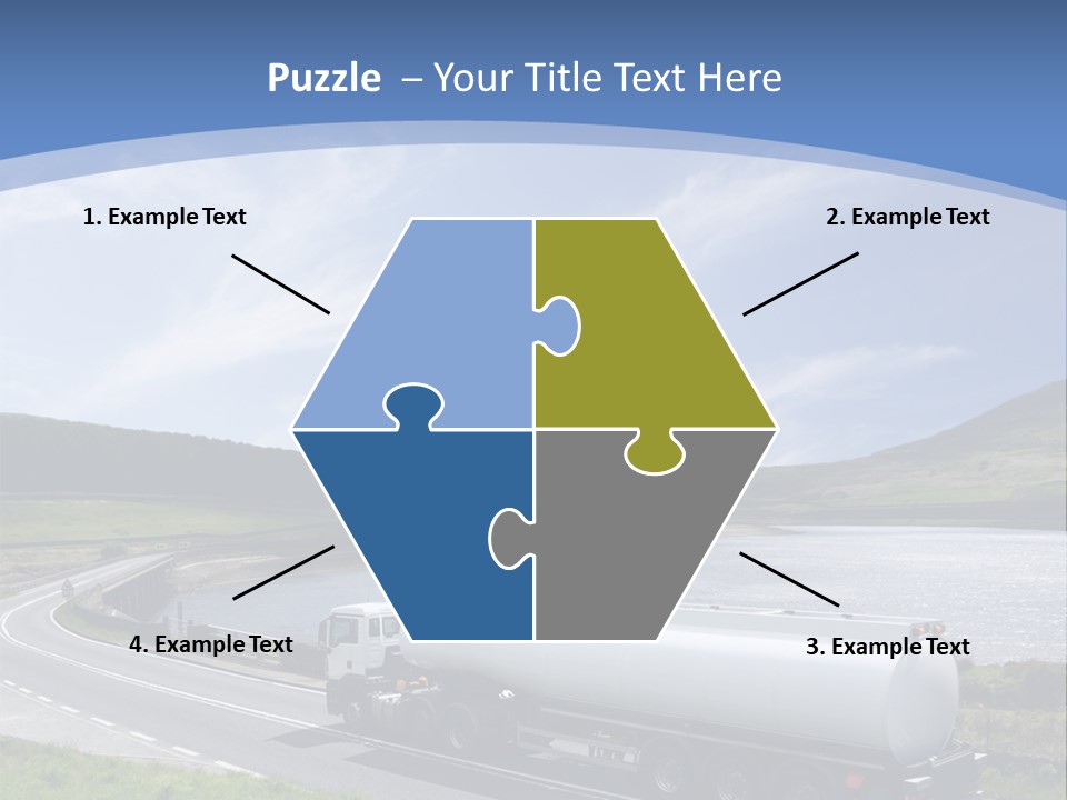 A Tanker Truck Driving Down A Road Next To A Lake PowerPoint Template