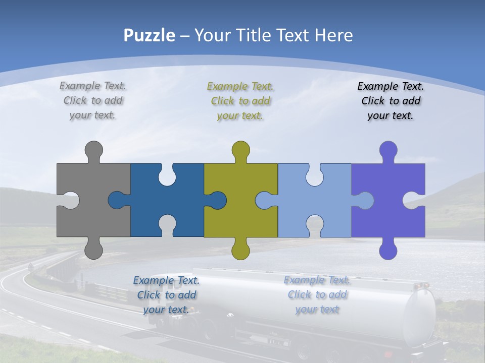 A Tanker Truck Driving Down A Road Next To A Lake PowerPoint Template