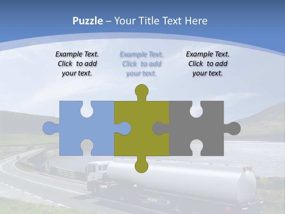 A Tanker Truck Driving Down A Road Next To A Lake PowerPoint Template