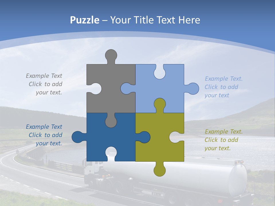 A Tanker Truck Driving Down A Road Next To A Lake PowerPoint Template