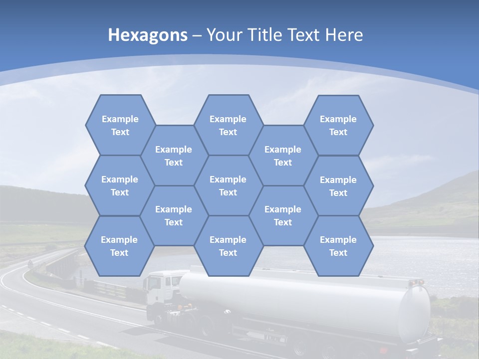 A Tanker Truck Driving Down A Road Next To A Lake PowerPoint Template