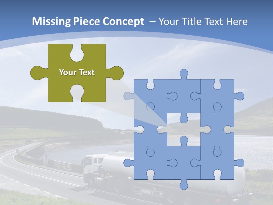 A Tanker Truck Driving Down A Road Next To A Lake PowerPoint Template