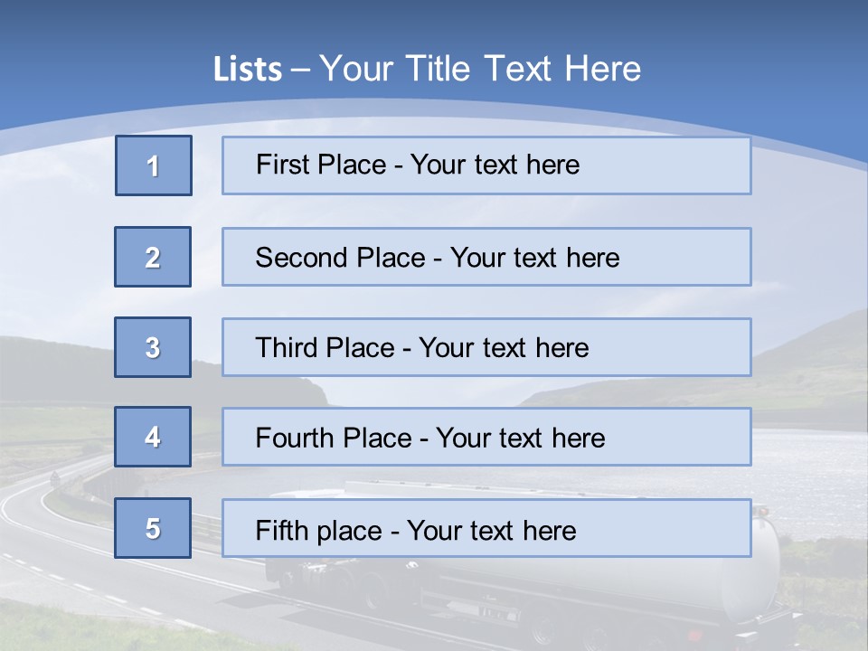 A Tanker Truck Driving Down A Road Next To A Lake PowerPoint Template