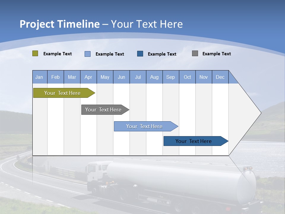 A Tanker Truck Driving Down A Road Next To A Lake PowerPoint Template