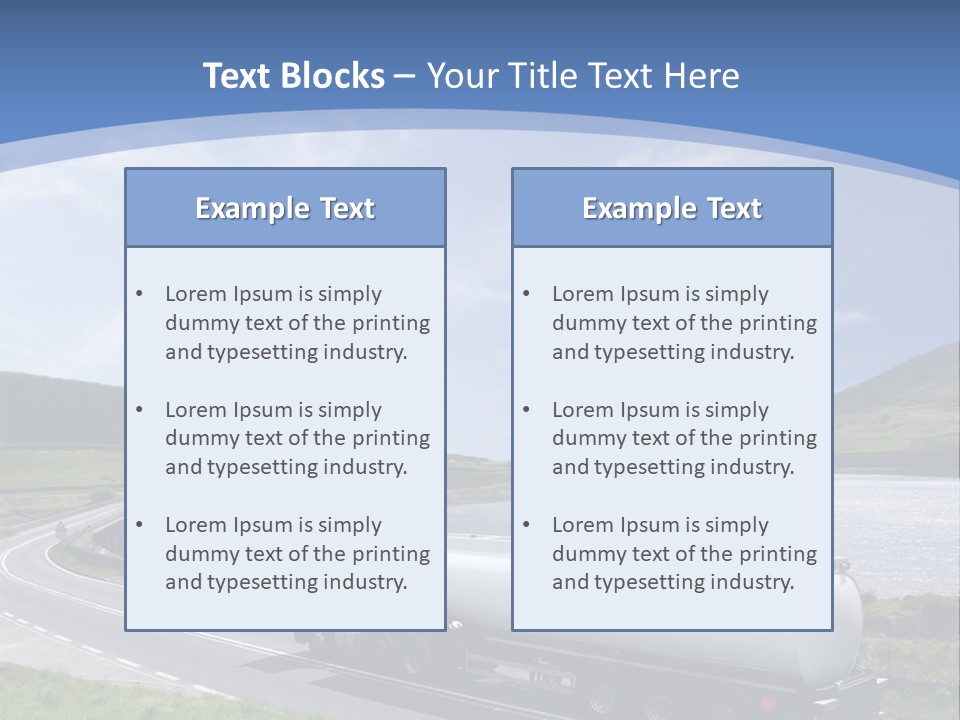 A Tanker Truck Driving Down A Road Next To A Lake PowerPoint Template