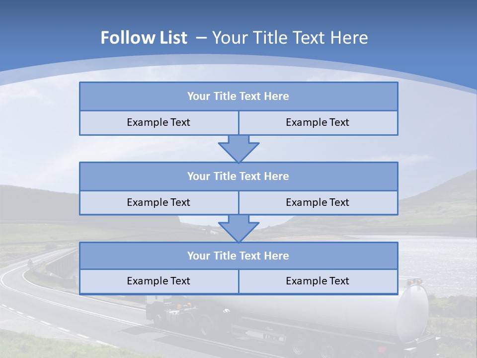 A Tanker Truck Driving Down A Road Next To A Lake PowerPoint Template