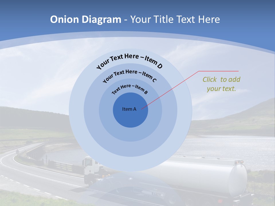 A Tanker Truck Driving Down A Road Next To A Lake PowerPoint Template