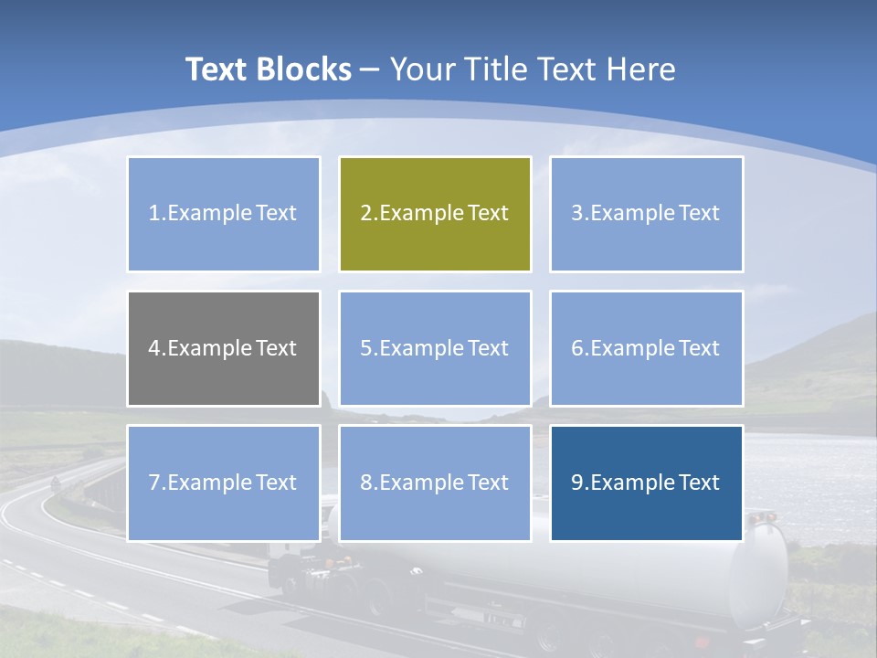 A Tanker Truck Driving Down A Road Next To A Lake PowerPoint Template