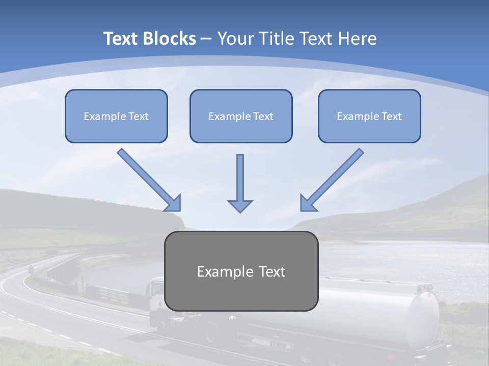 A Tanker Truck Driving Down A Road Next To A Lake PowerPoint Template
