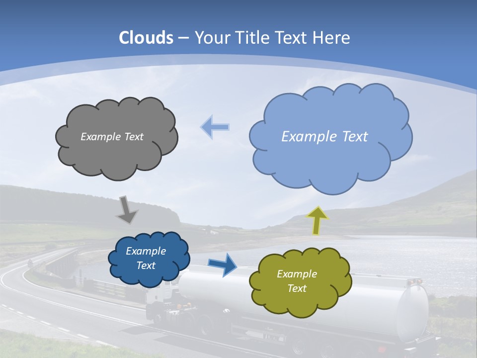 A Tanker Truck Driving Down A Road Next To A Lake PowerPoint Template