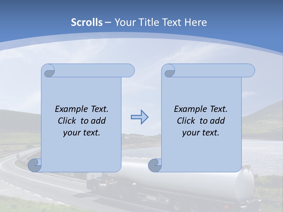 A Tanker Truck Driving Down A Road Next To A Lake PowerPoint Template