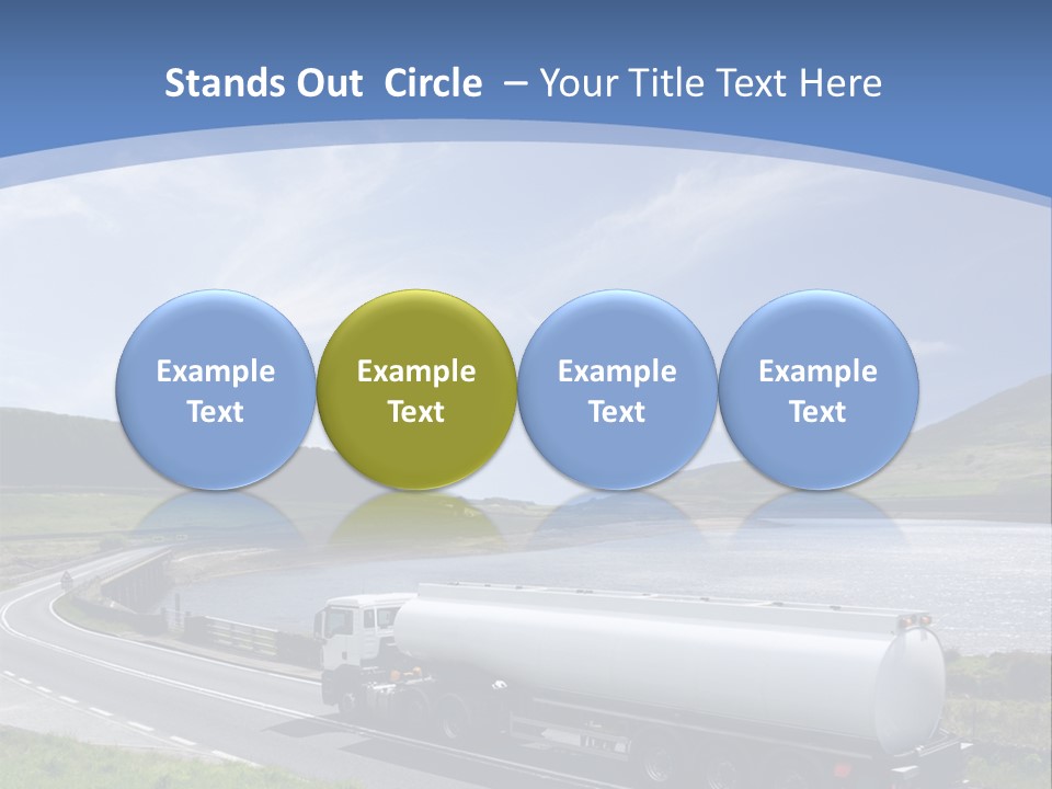 A Tanker Truck Driving Down A Road Next To A Lake PowerPoint Template