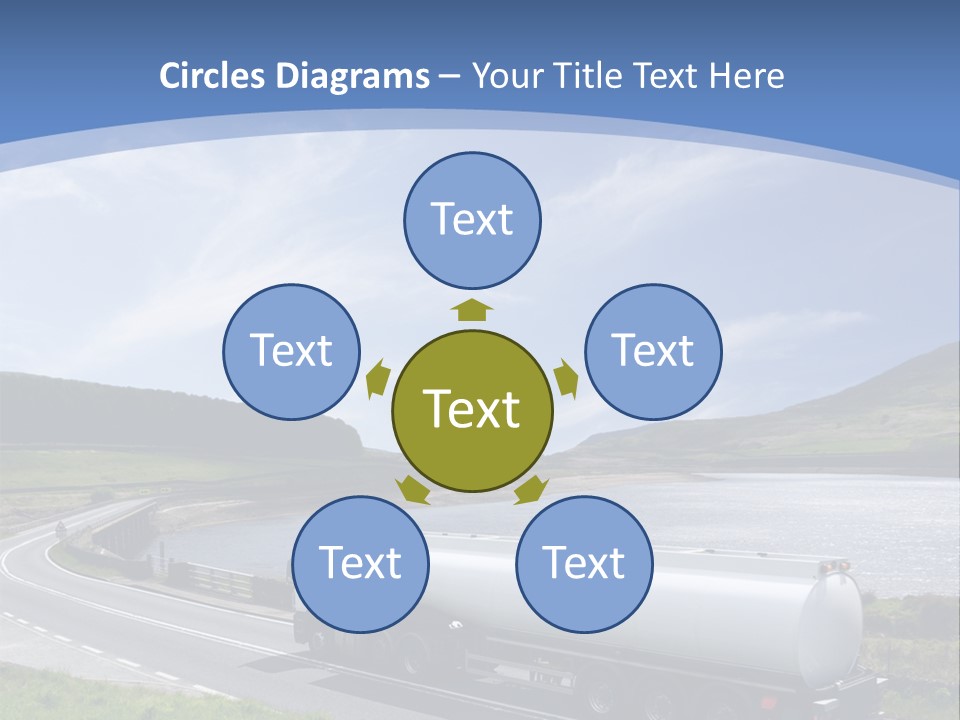 A Tanker Truck Driving Down A Road Next To A Lake PowerPoint Template