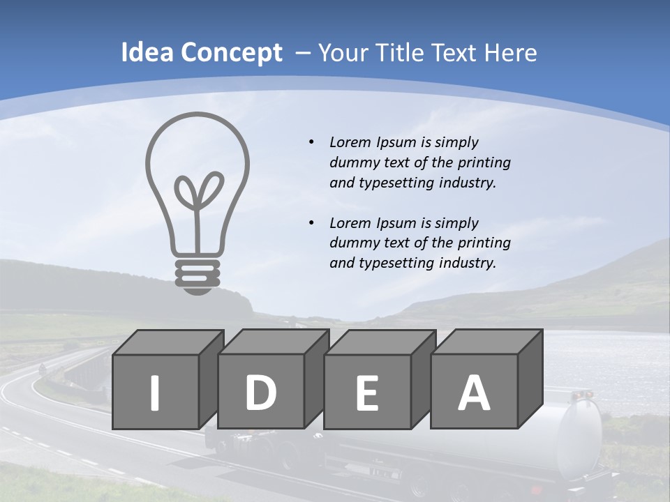 A Tanker Truck Driving Down A Road Next To A Lake PowerPoint Template