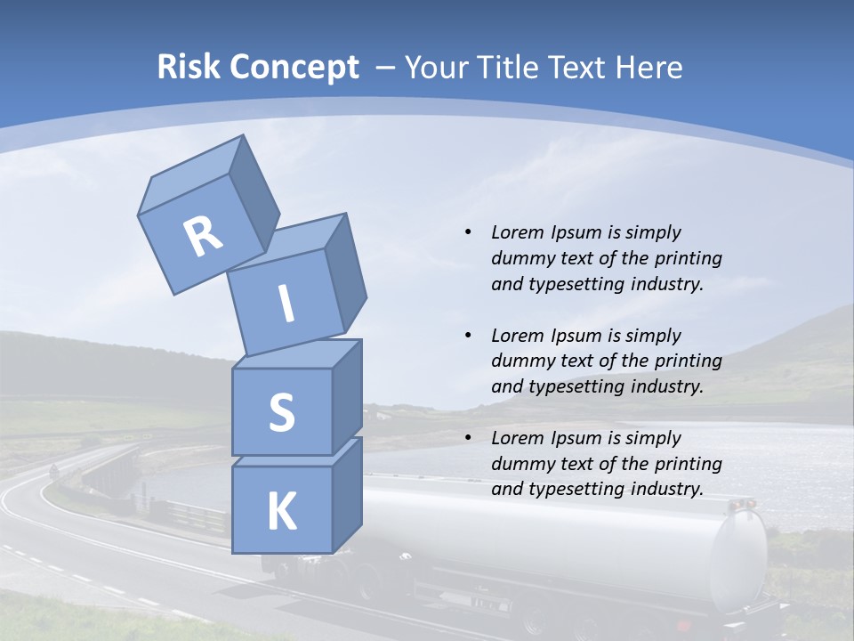 A Tanker Truck Driving Down A Road Next To A Lake PowerPoint Template